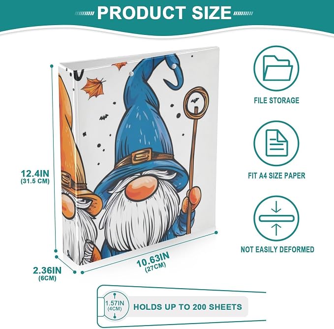 3 Ring Binder Gnomes Autumn Pumpkin 1.5 inch Binders Three Ring Binders with Clipboard Fit 8.5'' x 11'' Paper 3 Interior PVC Clear Pockets for Office Supplies