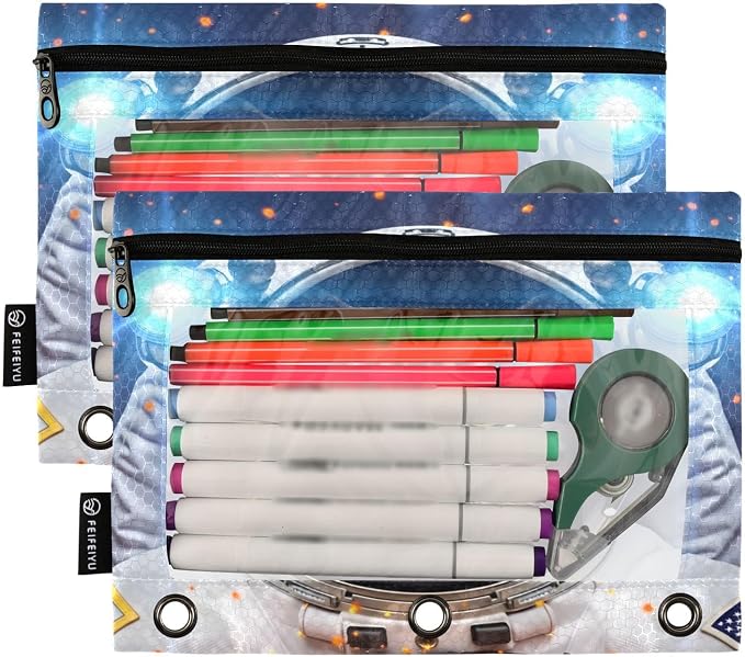 Astronaut Cat Space Pencil Pouch for 3 Ring Binder, 2 Pack Waterproof Pencil Bags Clear Window Zipper School Office Supplies
