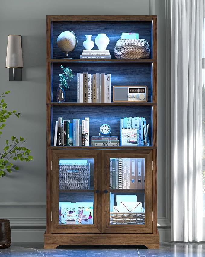 TVU 5-Tier Bookshelf, 65" Bookshelf with Multi-Color Ambient Lights (APP Remote Control), Tall Display Shelf with Cabinet Doors, Suitable for Living Room, Bedroom, Study, Office, Rustic Brown