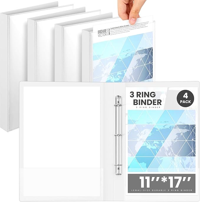 4 Pcs 11 x 17 1 Inch 3 Ring Binders View Cover Heavy Duty Plastic Flexible 1" D Rings Binders Economy Holds 11" x 17" Paper for Office, Home, Work Places Store Artwork Blueprints