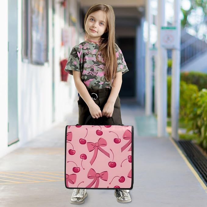 Bow Cherry Pink Zipper Binder Bag 3 Ring Binder with Shoulder Strap Zip Up 500 Sheets Capacity Multi Pockets for School Office Supplies