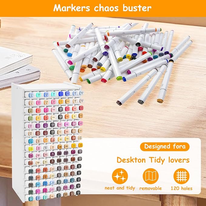 mumisuto Art Marker Storage Rack, Marker Storage Organizer Marker Pen Organizer Holder Hold 120 Markers Marker Holder Organizer with Divider for Pens Colored Pencils Art Brushes (120 Markers)