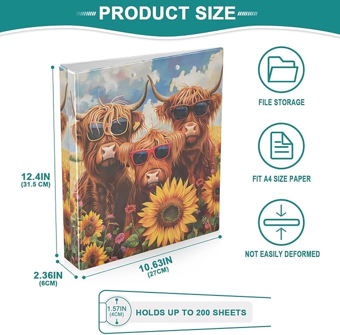 Custom 3 Ring Binder Highland Cows Sunflowers 1.5" Round Ring Binders Personalized Name View Binder with 200 Sheet for Women Men Office Kids School Supplies, 1 Pack