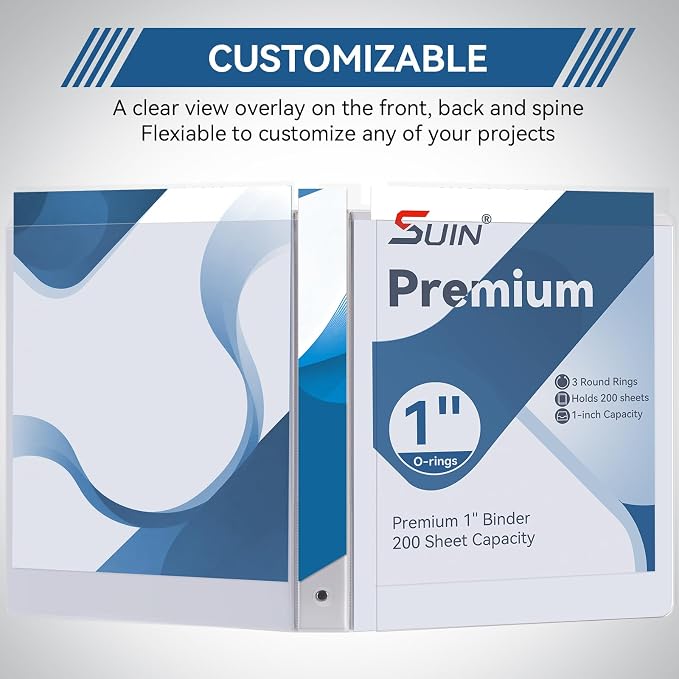 SUIN 1-inch 3 Ring Binder with 2 Pockets, Clear Customizable View Binders for US Letter Size 8.5'' x 11'', PVC Free, 1'' Binder for Office, Home, and School, White, 6 Pack