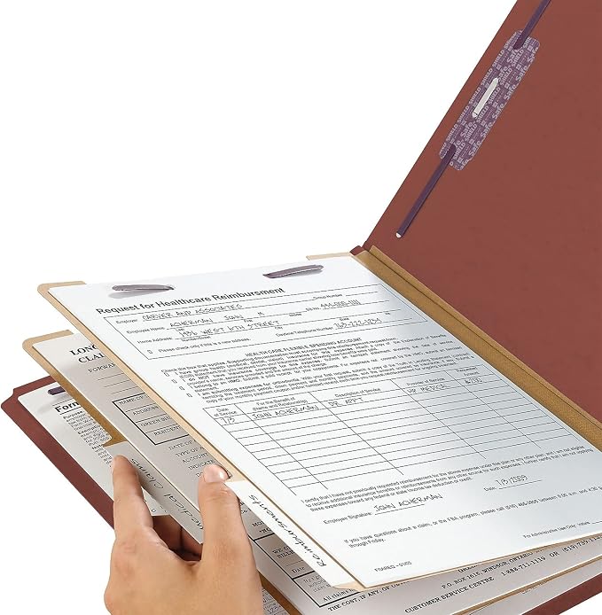 Smead 100% Recycled End Tab Pressboard Classification File Folder with SafeSHIELD Fasteners, 2 Dividers, 2" Expansion, Legal Size, Red, 10 per Box (29860)