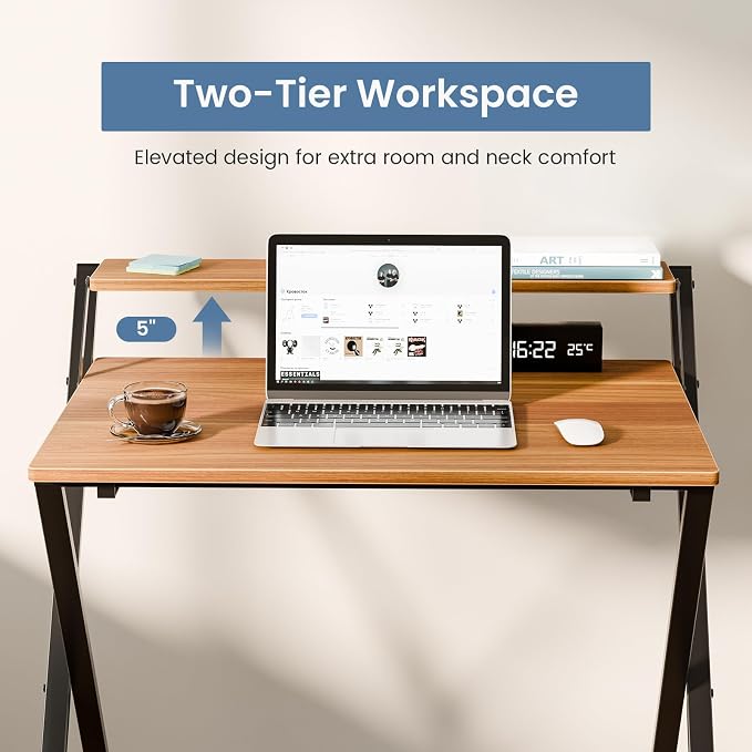 DUMOS Folding Desk No Assembly, Small Computer Desk with Shelf for Dorm | Portable Foldable Table for Laptop, Space Saving Desk for Home Office, Tight Spaces Apartment, Brown