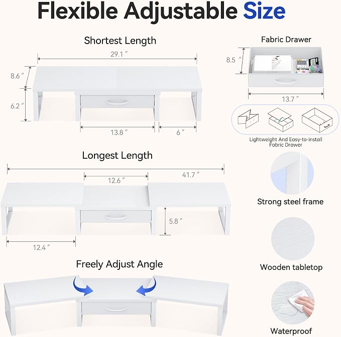 Dual Monitor Stand Riser, Desk Organizers and Accessories with Drawer, Computer Monitor Stands for Desk, Adjustable Desktop Shelf for PC Laptop Printer TV, White