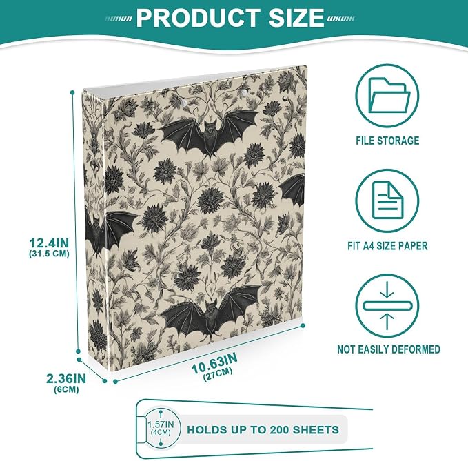 Gothic Bat Round Ring Binders Floral (2) 1.5 Inch 3 Ring Binder with Clipboard Holds 200 Sheets Office Home School