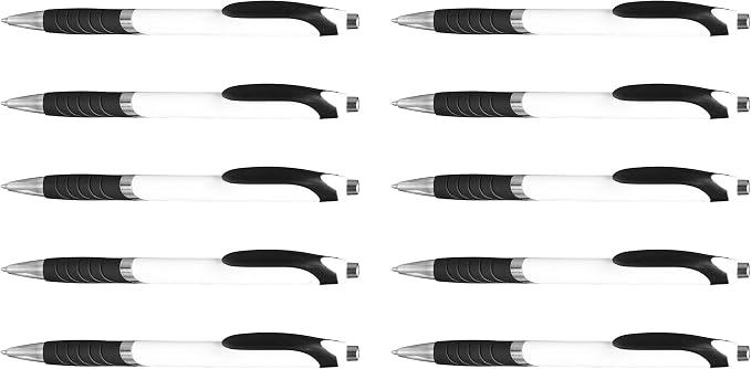 DISCOUNT PROMOS Ballpoint Pens With Rubber Grip - 10 pack - Black Ink Ball Point Pen with Soft Touch Plastic - White