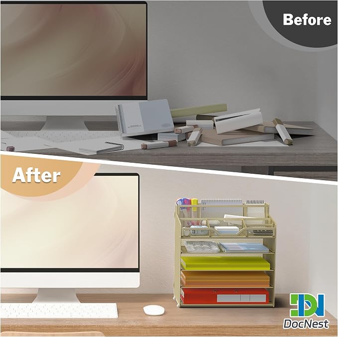 Docnest 5 Tier Mesh Desk Organizer with Letter Tray & Paper Sorter, Gold | Features 3 built-in pen holders & 5 adjustable compartments on top. Includes 4 non-slip rubber feet for desk protection