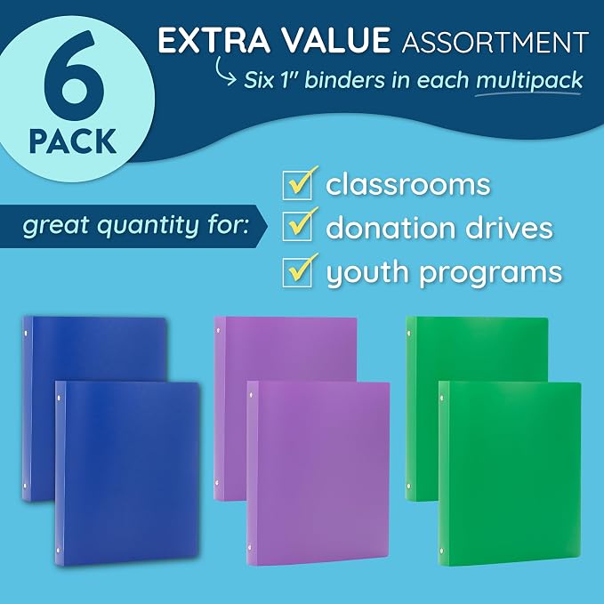 Blue Summit Supplies 6 Plastic 3 Ring Binders, 1 Inch, Assorted Colors | fits letter paper, 1 in round rings, flexible poly cover, inside pocket, for school, office, and home