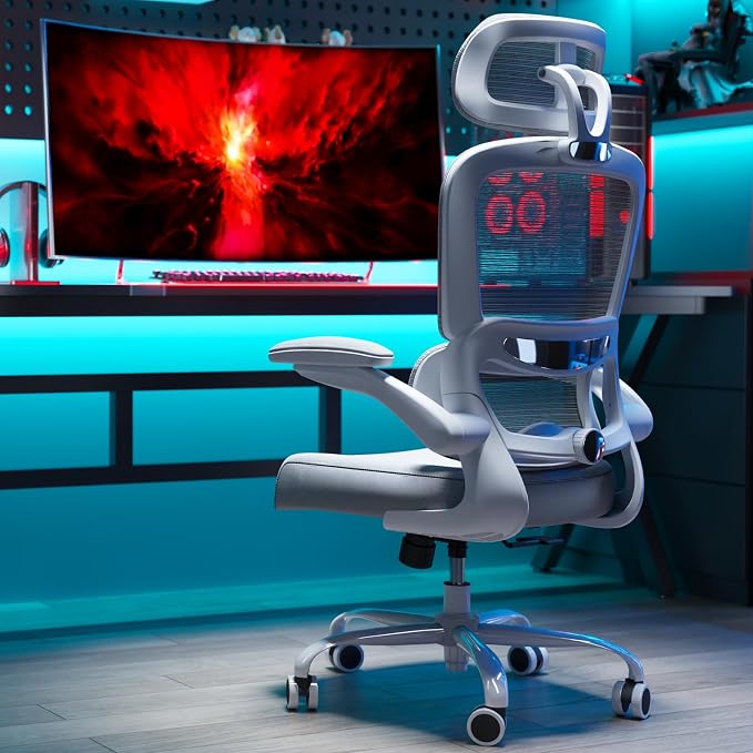 TRALT Office Chair Ergonomic Desk Chair - Gaming Chair with Lumbar Support | 330 LBS Home Office Desk Chairs with Headrest, Reading Chair with Flip-up Armrests, Comfortable Computer Chairs (1, Grey)