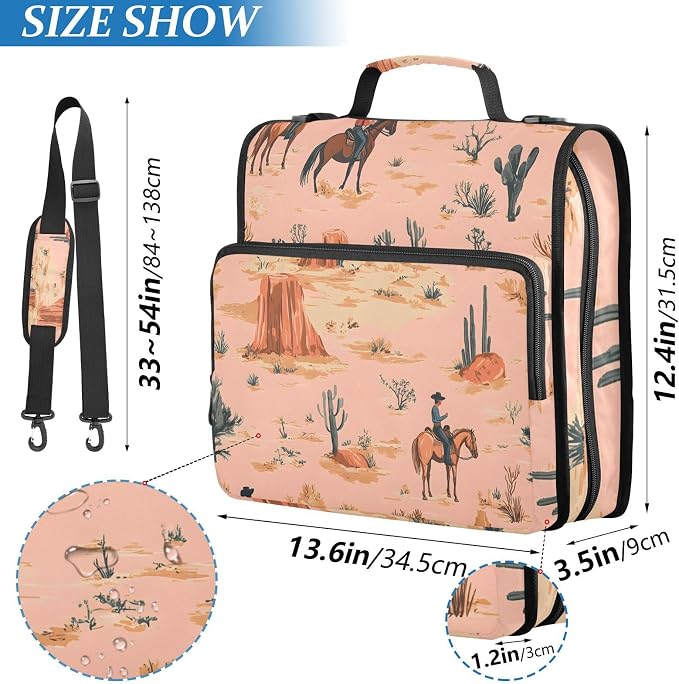 3 D-Ring Zipper Binder Bag, Cowboys Horse Pattern Cactus Removable Binder with Zipper Case Hold 300+ Sheets& 13 Inch Laptop for School Office Supplies Organizer