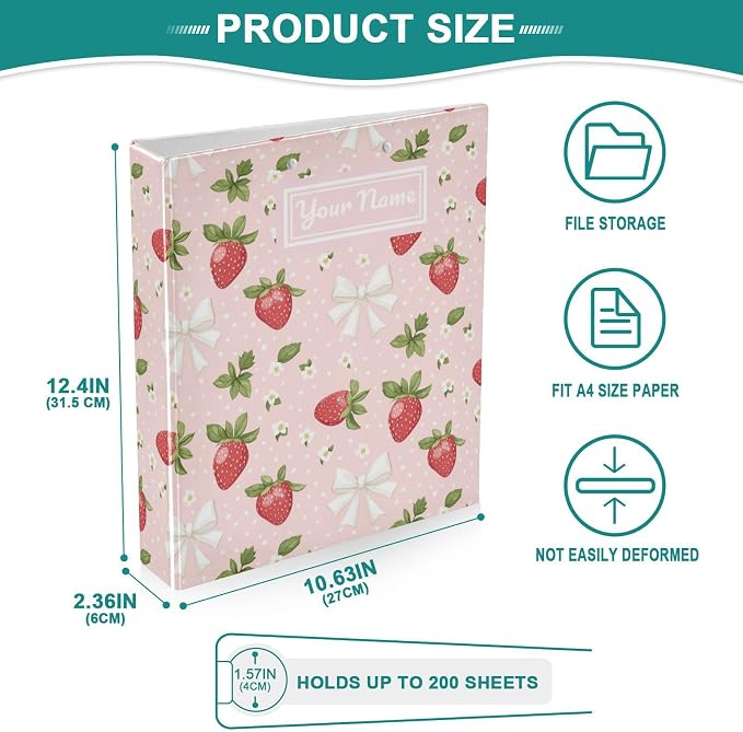 Custom Strawberry 3 Personalized Round Ring Binders Pink | 1.5 Inch Binder with Clipboard, PVC Pockets, Work Organizer, Holds 200 Sheets for School Office 1 Pack