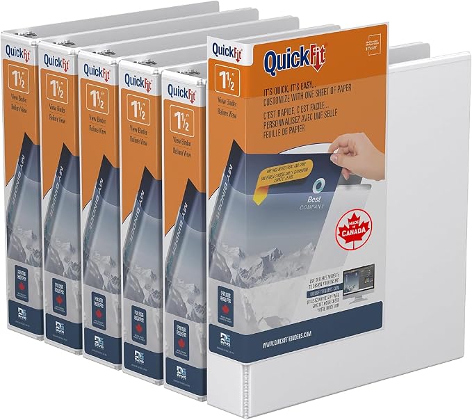 QuickFit View Binder, 3-Ring Binder for School or Office, D Ring, White, 6 Pack, 1.5 Inch | Heavy-duty binder, fits 8.5" x 11" paper, white, customizable cover, made in Canada, ideal for school or office use