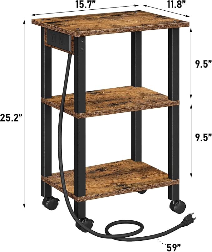 TUTOTAK Printer Stand, 3 Tier Rolling Printer Cart with Charging Station | Small Under Desk Printer Table with Wheels for Small Space, Office, Home, Brown PS02BB001