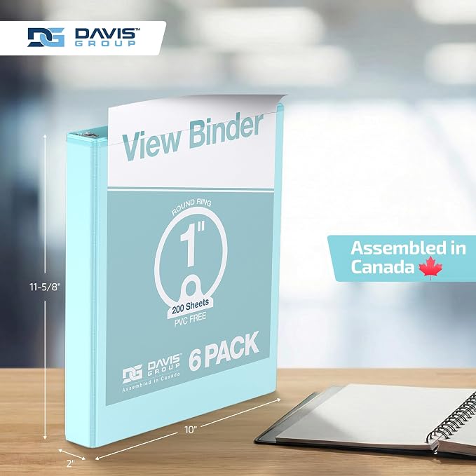 Pack of 6 Premium View Binders, Ring Binders with Clear-View Cover and Interior Pockets, Pastel Color Options, 1 Inch, Aqua