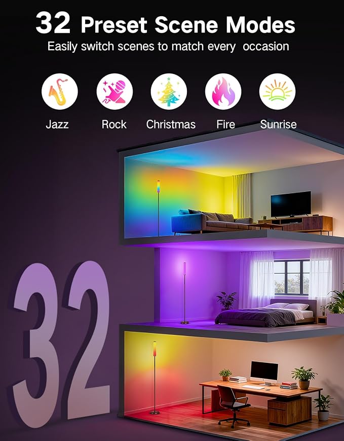 OUTON Bright Smart Floor Lamp with Remote, App & Touch Control, RGB Color Changing Standing Lamp, 2200K-6500K Dimmable, 3 Adjustable Heights, 32 Scenes for Living Room Bedroom Office,Brown
