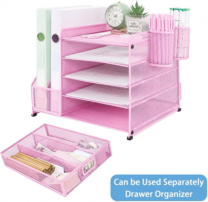 Desk Organizers and Accessories with File Holder, 5-Tier Paper Letter Tray Organiser with Drawer and 2 Pen Holder, Mesh Desktop Document Organizer for Office Supplies, Workspace - Pink