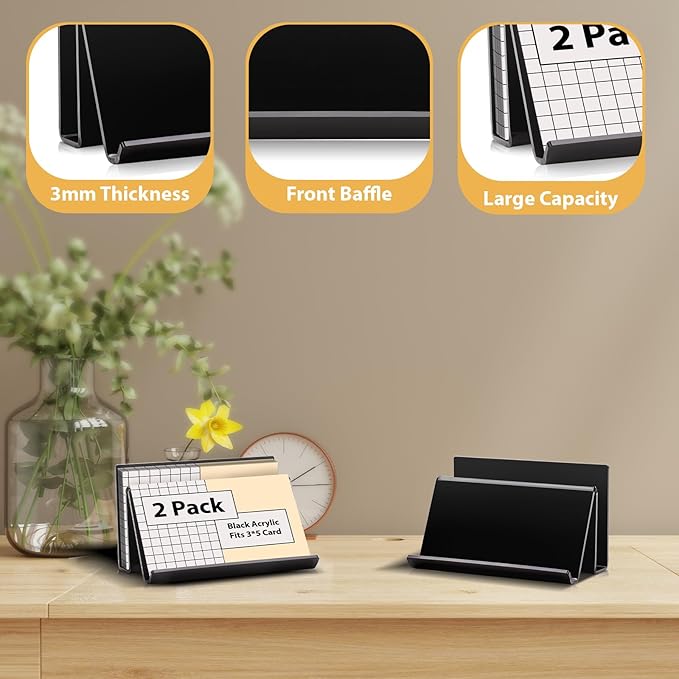 2 Pack 3x5 Index Card Display Holder Acrylic Cards Holder Stand Acrylic Business Card Holders Name Card Organizer Postcard Stand Display 200 Capacity for Studying Supplies No Card (Black, 2 Pack)