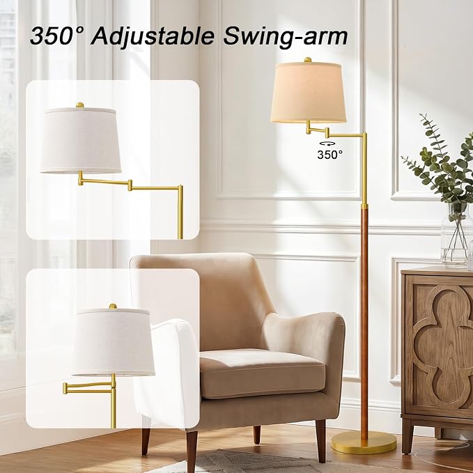 G-SAFAVA Real Wood Floor Lamps for Living Room Bedroom, 61" Floor Lamp with 350° Adjustable Swing Arm Vintage Lamps for Living Room