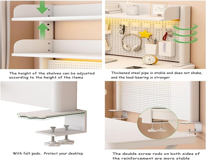 31.5 Inch Clip-on Desktop Organizer Bookshelf with Pegboard, Desk Shelf Organizer, Multipurpose Computer Desk Desktop Bookshelf, Desk Extender Pegboard Clamp, Desktop Display (White)