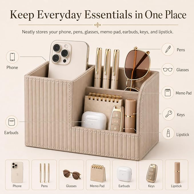 Desk Pen Organizer Office Supplies Caddy Pu Leather Multi-function Storage Box Pen/Pencil,Cell phone, Business Name Cards Remote Control Holder (Mocha Beige)