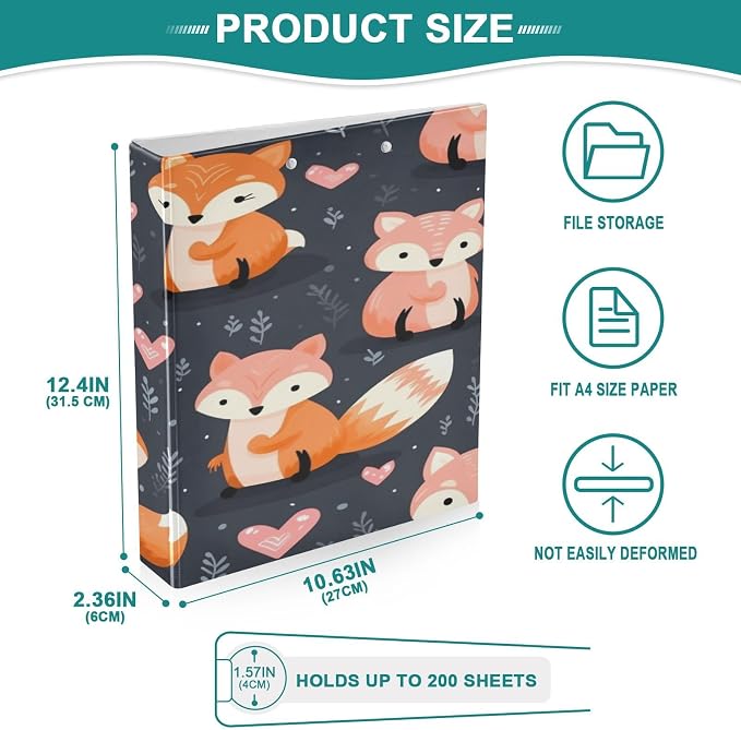 3 Ring Binder, Cute Foxes and Hearts Clipboard Binder with 2 Pockets, 1.5 Inch Three Ring Binder Heavy Duty Round Ring Binders for Office Supplies