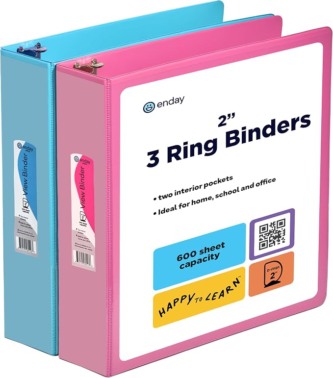 2 Inch Binder (2 Pack) Pink and Blue 2 Inch 3 Ring Binder, Clear View Cover with 2 Inside Pockets, Three Ring Binders for Home, Office and School Supplies - Enday