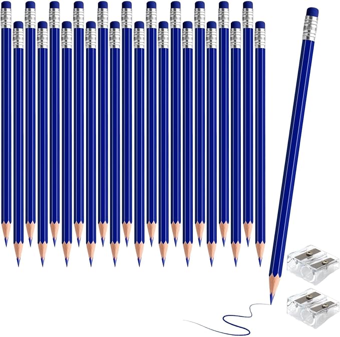 24PCS Erasable Colored Pencils with Eraser Pre Sharpened Pencil 2 HB - Ideal for Checking, Grading, Tests & Office/School Supplies (dark blue)