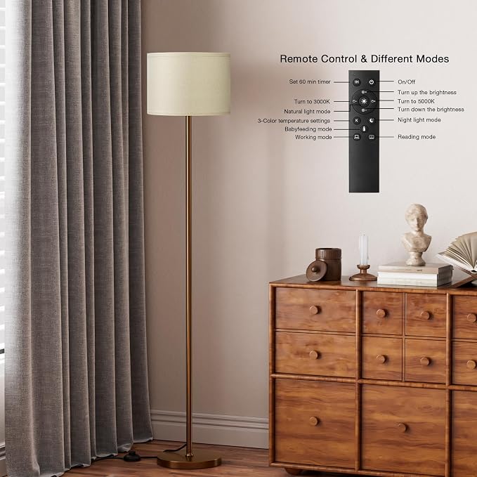 Floor Lamps for Living Room with Remote Control and Stepless Dimmable Colors Temperature & Brightness, 9W Bulb Included(Beige Lampshade & Brown Pole)