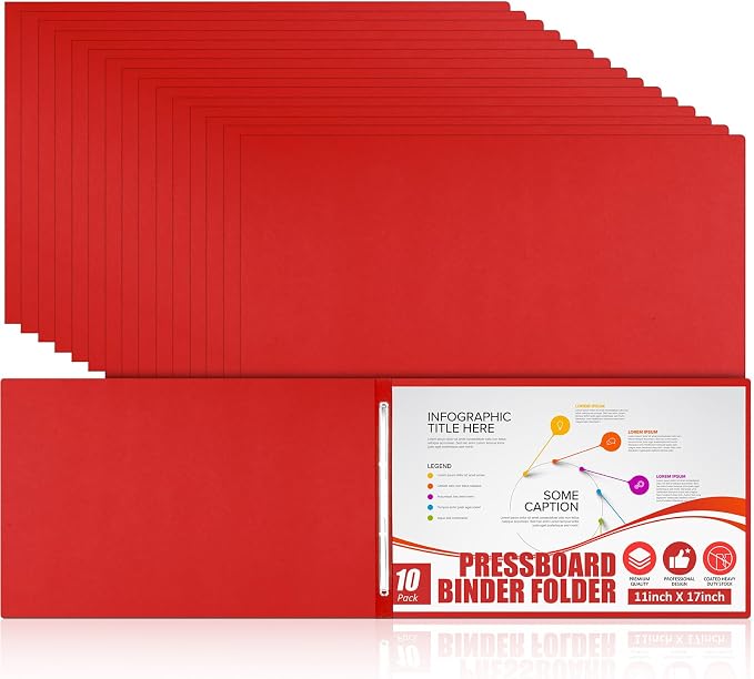 Resurhang 10 Pcs 11x17 Inch Pressboard Report Cover, 3" Capacity Presentation Binder Folder with Metal Prong Paper Fastener to Neatly Bind Reports Proposals Transcripts, Other Documents (Red)