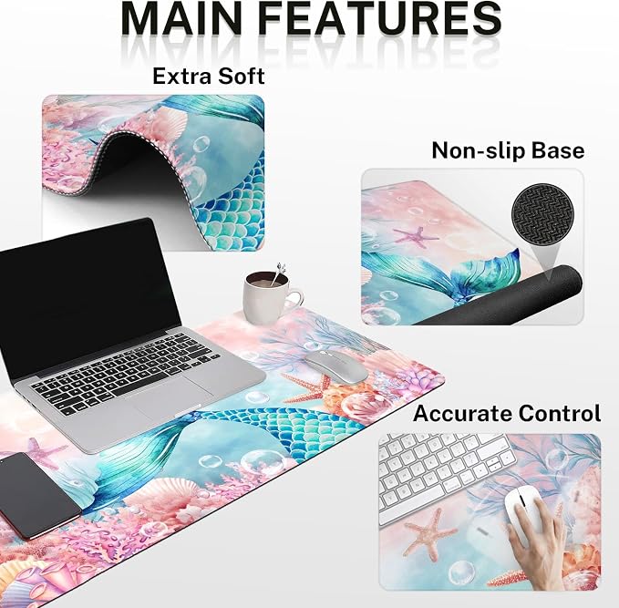 Keyboard Mouse Pad Set, 4 in 1 Desk Mat Set, Mermaid Pink Cute | Large Mousepad+Keyboard Wrist Rest+Mouse Wrist Rest+Coaster Ergonomic Design for Home Office Computer