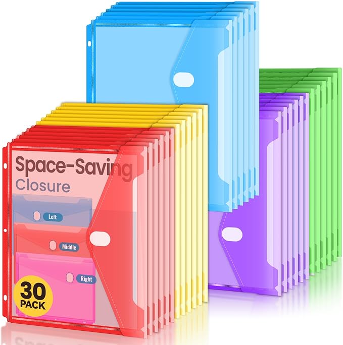 Sooez 30 Pcs Binder Folders Organizer with Staggered Closure, Letter Size | Heavy Weight Binder Pockets for 3 Ring Binders, Space-saving, High Capacity Binder Pouch Sleeves, School Supplies, 5 Colors