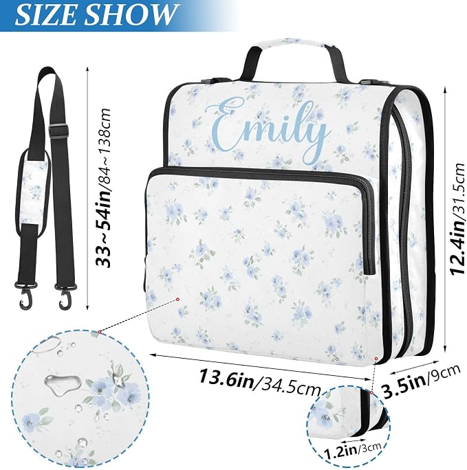 Custom Personalized Name Blue Small Floral Zipper Binder 3 Ring