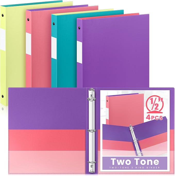 Henoyso 4 Pack Two-Tone Durable 3 Ring Binders 1/2 Inch, 4 Inner Pockets, Colored Plastic Flexible Binders with Large Capacity for School & Office