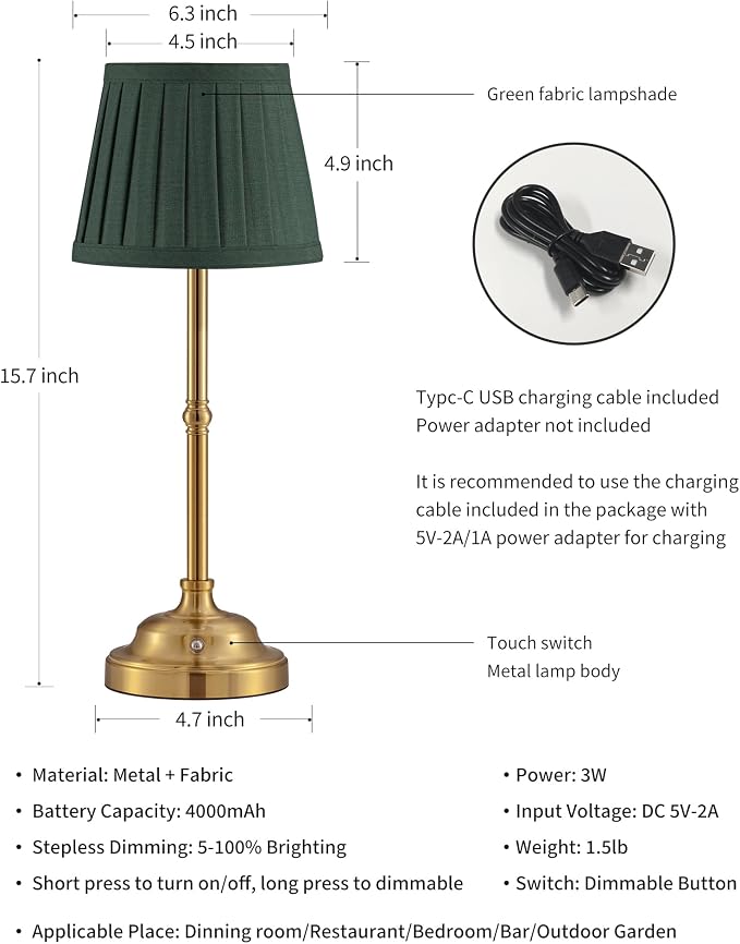 KDG Gold Cordless LED Table Lamps Set of 2, Green Fabric Shade Desk Lamps | Portable 4000mAh Rechargeable Battery Powered, Dimmable Lighting for Dining Room, Bedroom, Bedside, Night Light, Balcony