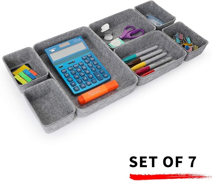 7pc Felt Desk Drawer Organizers Trays Gray Office Home Storage Bins