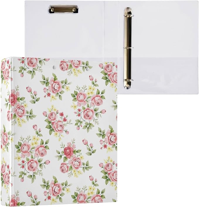 3 Ring Binder, Pink Rose Flower Floral File Folder Holds 200 Sheets File Storage for Women Men School Office Supplie