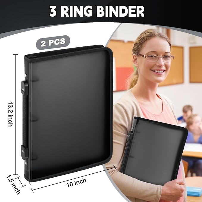 Teling 2 Pcs 1 Inch Zipper Binder 3 Ring Organizer, Black | Secure Zipper Closure, Refillable 3 Ring Design, Handle Carry, Fits Letter Size Papers for School, Office and Projects