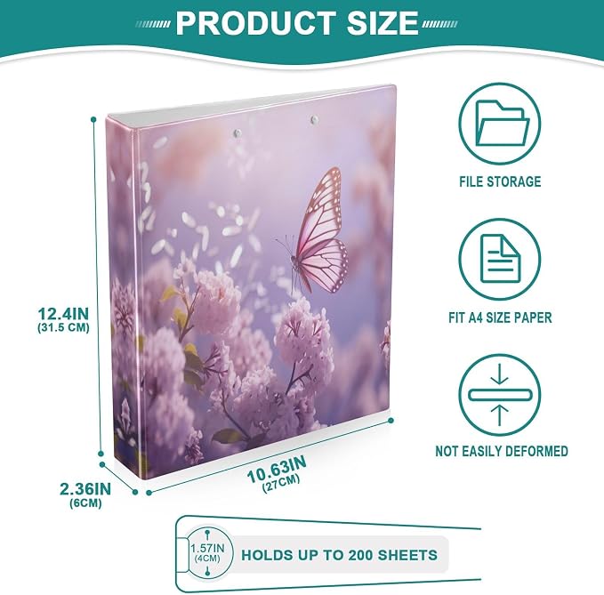 Flying Butterfly 3-Ring Binder 1.5 Inch 1 Pack Round Ring Binder Holds 200 Sheets with 3 Inside Pockets for Office Home Organization