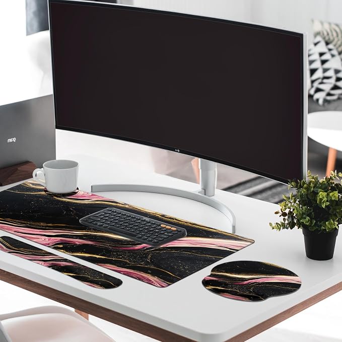 Keyboard Mouse Pad Set, 4 in 1 Desk Mat Set, Pink Black Marble | Gold Large Mousepad+Keyboard Wrist Rest+Mouse Wrist Rest+Coaster Ergonomic Design for Home Office Computer