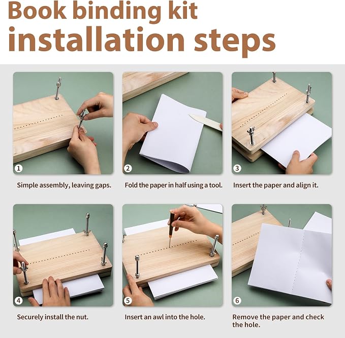 UzecPk Book Binding Kits, Bookbinding Kit 11.8”x7.6” Wooden Book Press | Materials Book Making Kit Bookbinding Supplies with Book Cloth Bone Folder Awl Needles Wax Thread for Bindings Repair