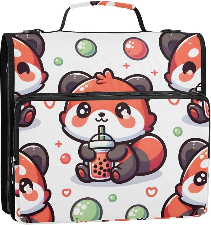 Cute Red Panda Bubbles 3 Ring Binder Bag 1.5 inch Binder Organizer with Zipper Shoulder Strap 500 Sheet Documents Storage for School Office