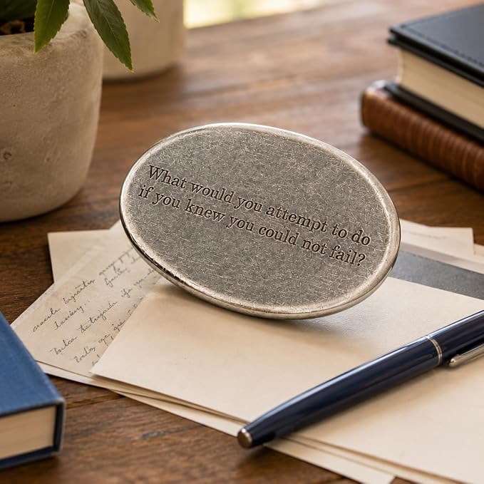Fine Pewter What Would You Attempt Paperweight | Oval Office Decor | Handcrafted lead-free pewter smooth oval desk weight featuring an engraved quote and stamped brand maker mark