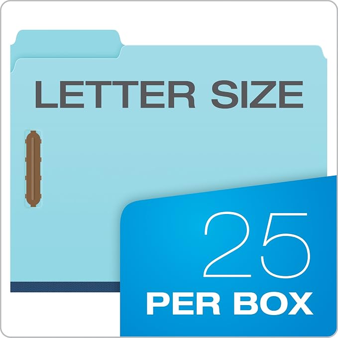Pendaflex Globe Weis Pressboard Fastener Folders, Letter Size, Light Blue, 1" Expansion, 1/3 Cut, 25/BX (615F21-3BLU)