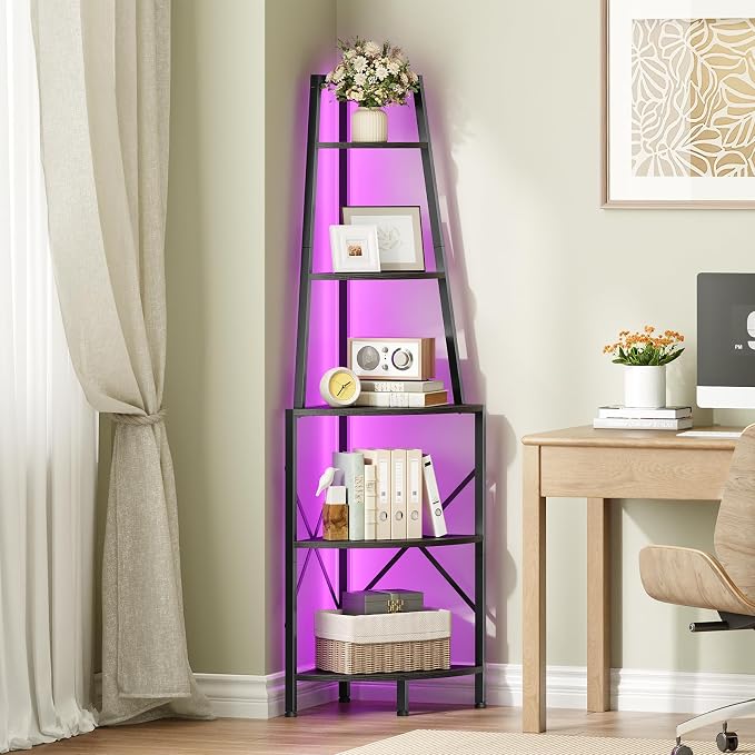 HOOBRO 5-Tier Corner Shelf with LED Lights, 67.9” Tall Corner Shelf Stand, Corner Bookshelf, Corner Plant Stand Display Shelf, for Living Room, Kitchen, Home Office, Black BB120DCJ01