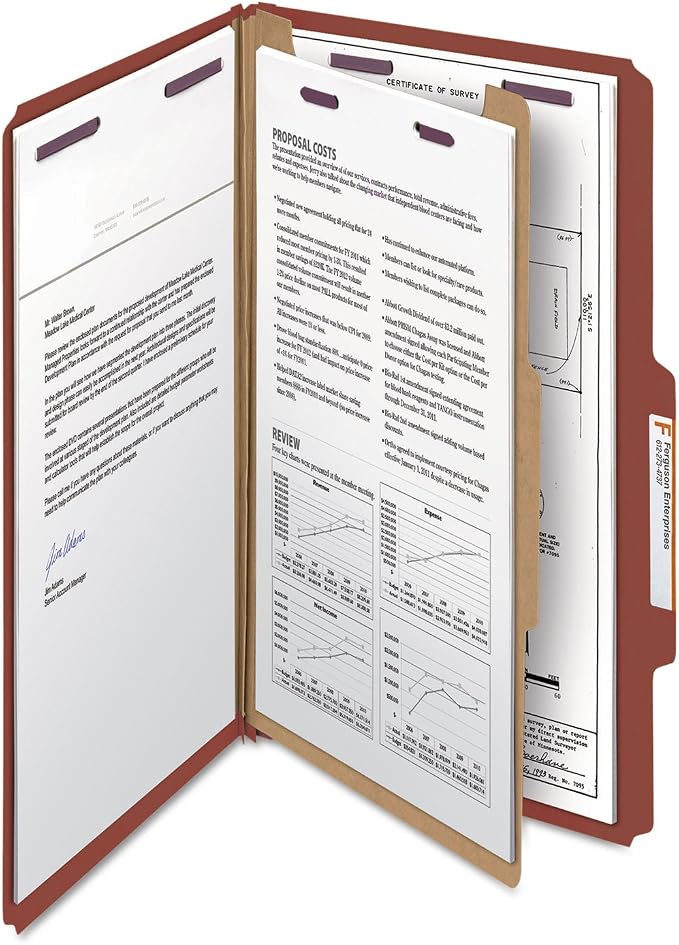 Smead Pressboard Classification File Folder with SafeSHIELD Fasteners, 1 Divider, 2" Expansion, Legal Size, Red, 10 per Box (18775)