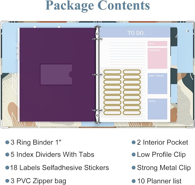 3 Ring Binder, 1 Inches Round Ring Binder with Clipboard, Dividers Tabs, PVC Zipper Bag Sleeves & to Do List Planners for Women, Men, School, Office Supplies, Boho Leaf