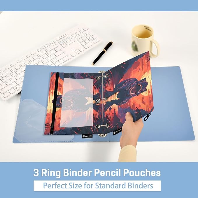 Dinosaur Pencil Pouch for 3 Ring Binder, 2 Pack Waterproof Pencil Bags Clear Window Zipper School Office Supplies